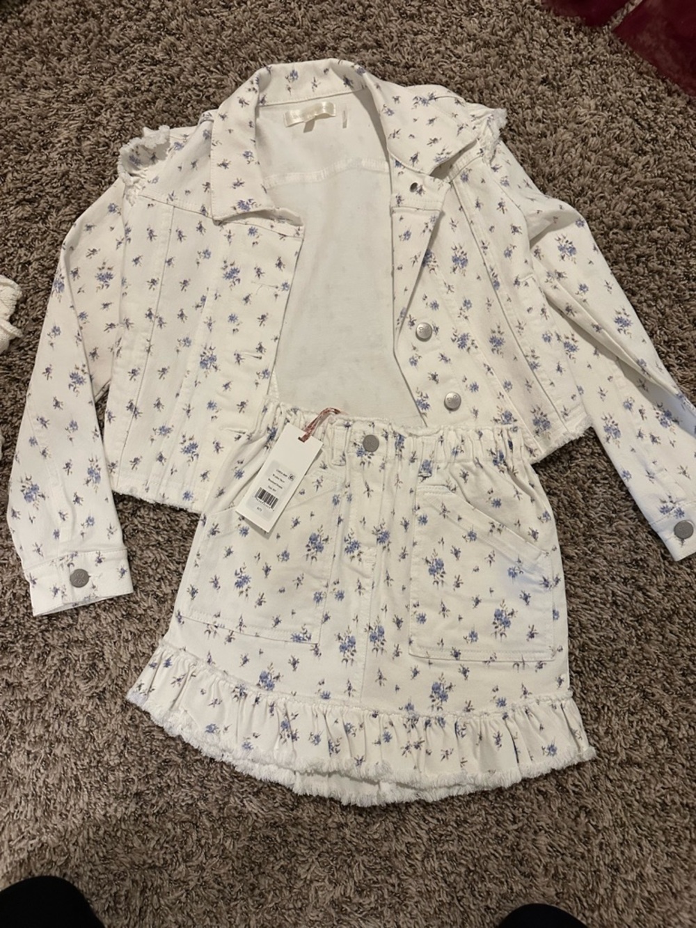 LoveShackFancy Girls White and Light Blue Floral Matching Set